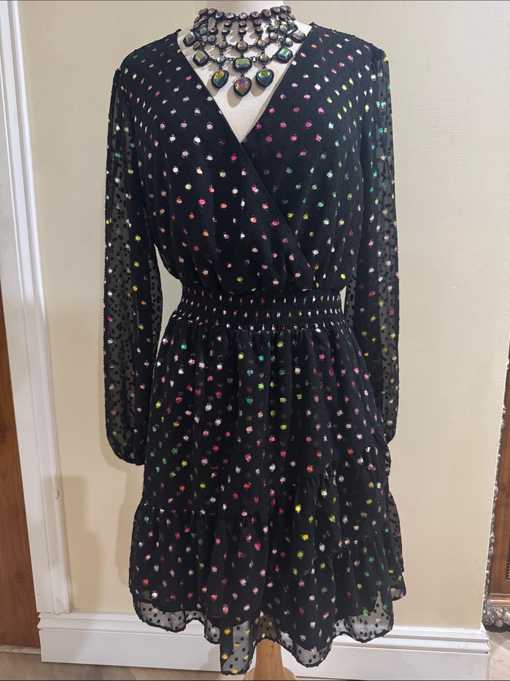 Black Multicolor Dot Wrap Dress - Women